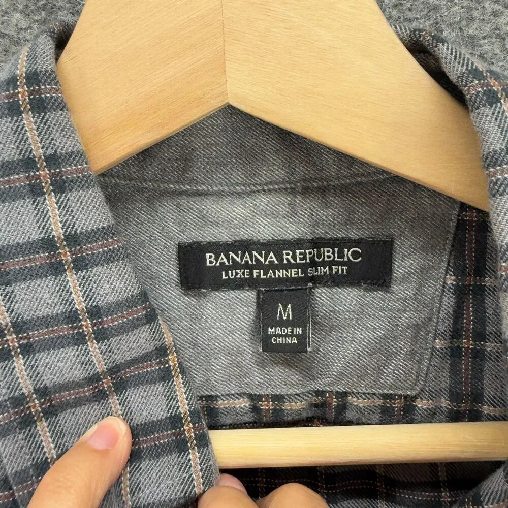 Banana Republic Shirt Men M Medium Gray Plaid Button Up Collared Long Sleeve